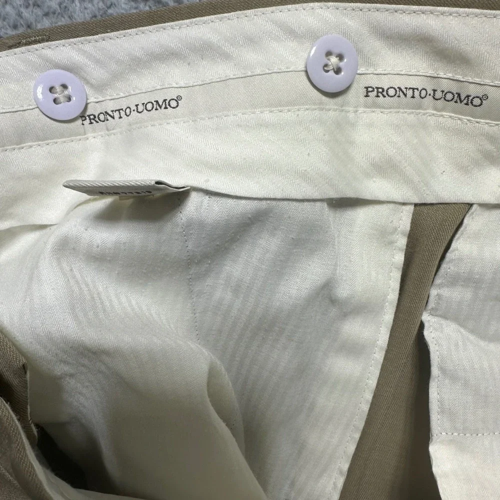 Vintage Pronto Uomo Mens Khaki‎ Pleated Cuffed Wool Dress Pants Size 38 Y2K